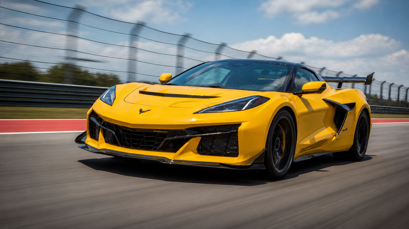 Carro esportivo amarelo em alta velocidade em pista de corrida com céu azul e cerca ao fundo.