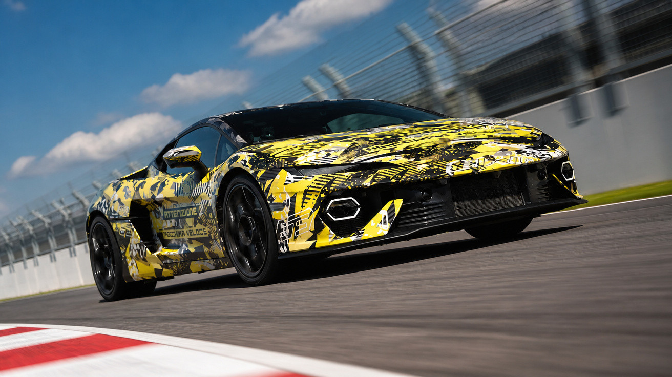 Carro esportivo amarelo com camuflagem preta em pista de corrida sob céu azul.