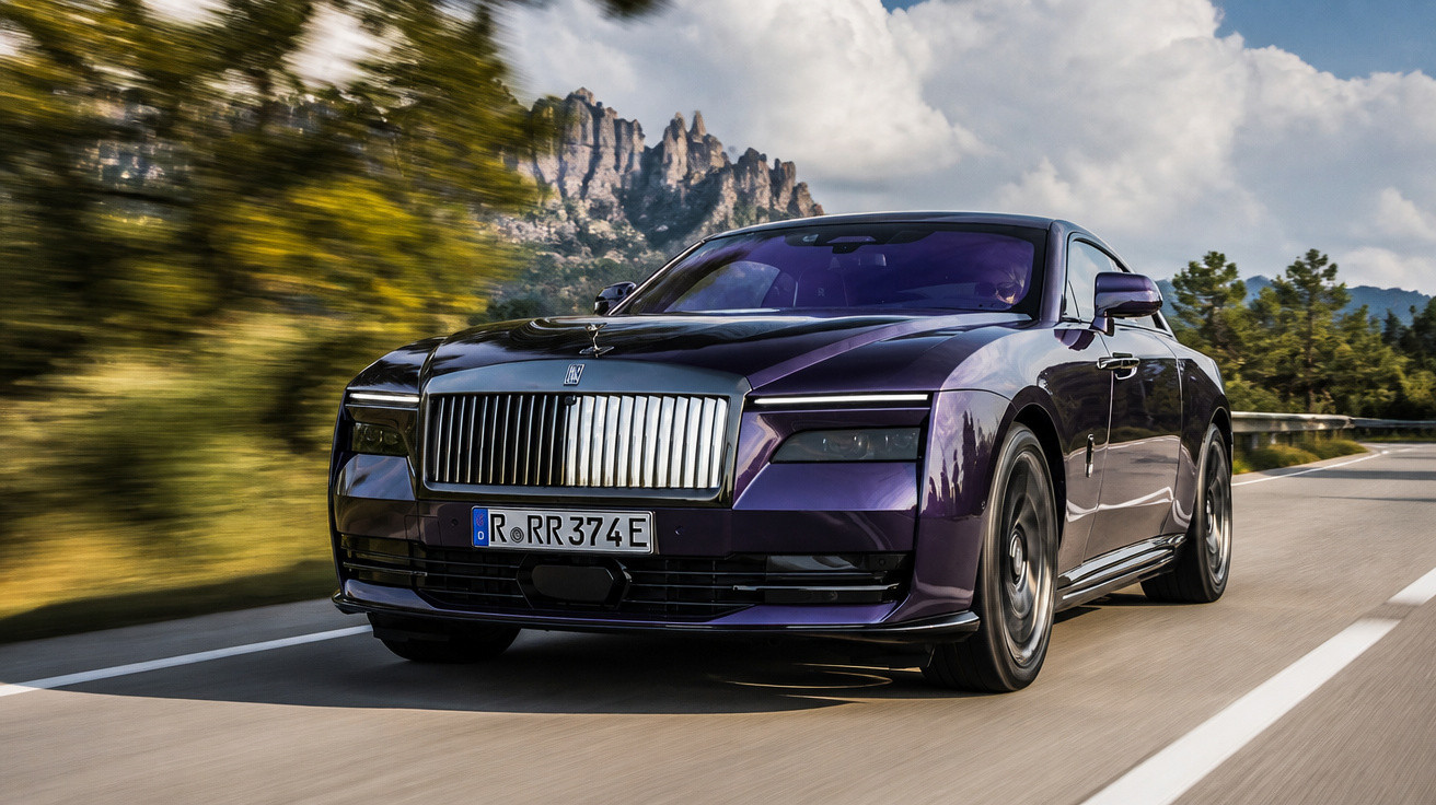 Carro de luxo roxo modelo Rolls-Royce Phantom em movimento em estrada com montanhas ao fundo.