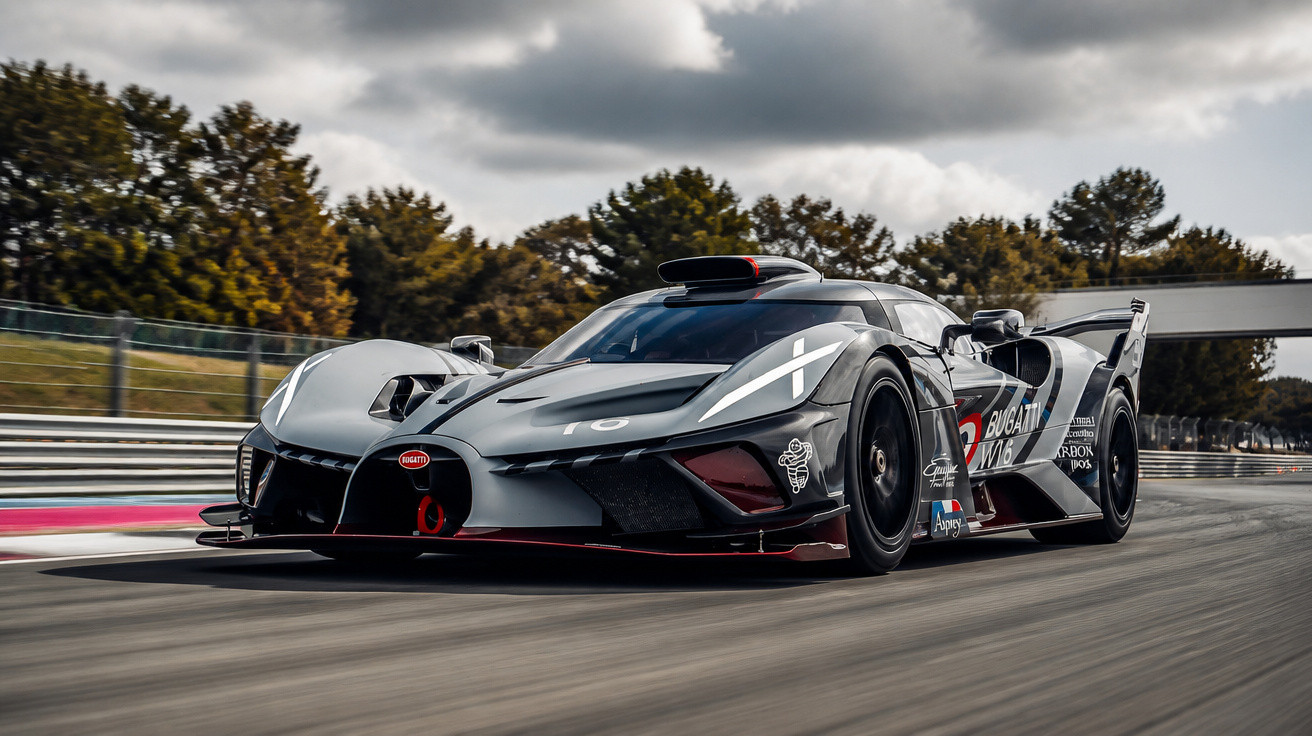 Carro esportivo Bugatti preto em alta velocidade em pista de corrida com árvores ao fundo.