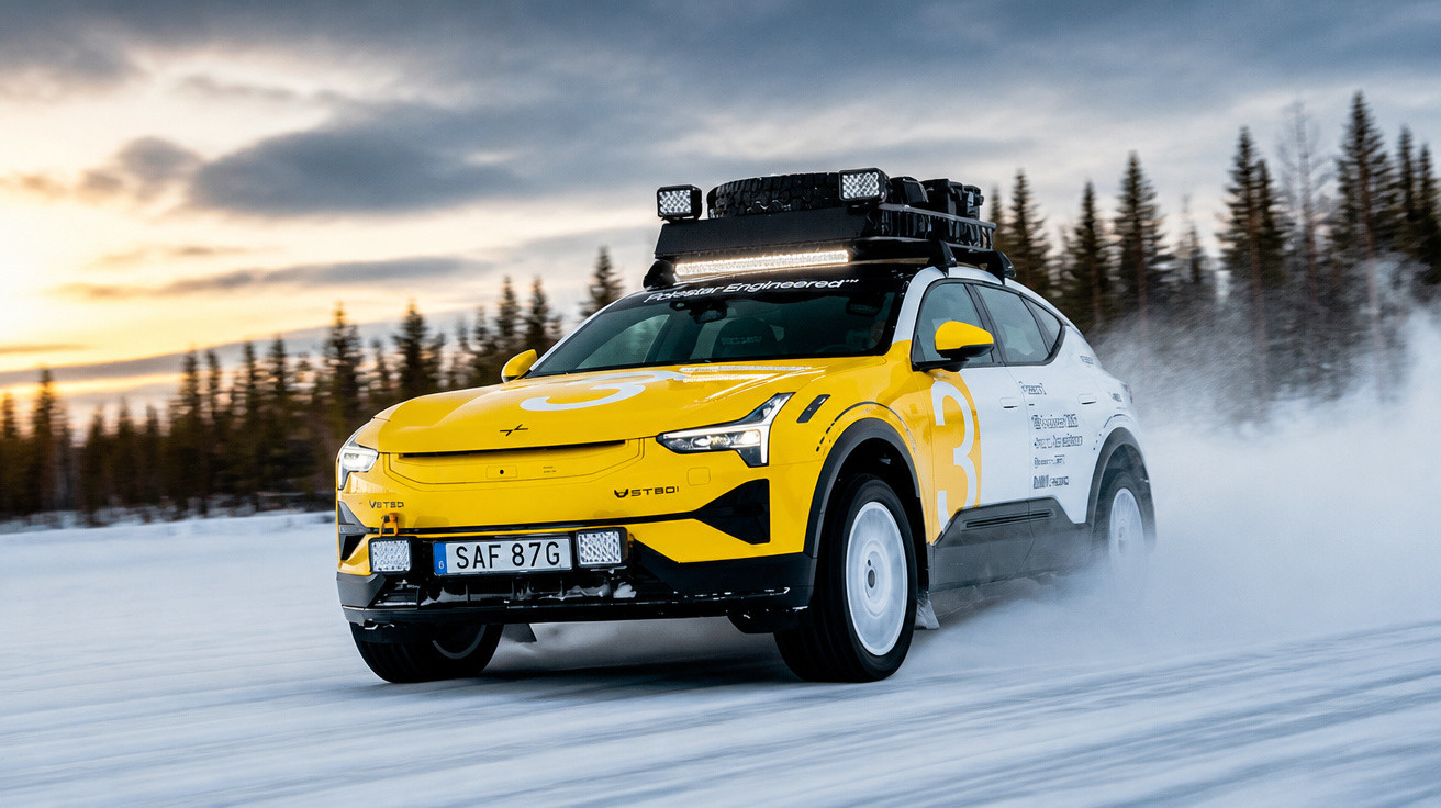 Carro elétrico amarelo e branco com luzes extras dirigindo na neve em cenário com árvores ao fundo.