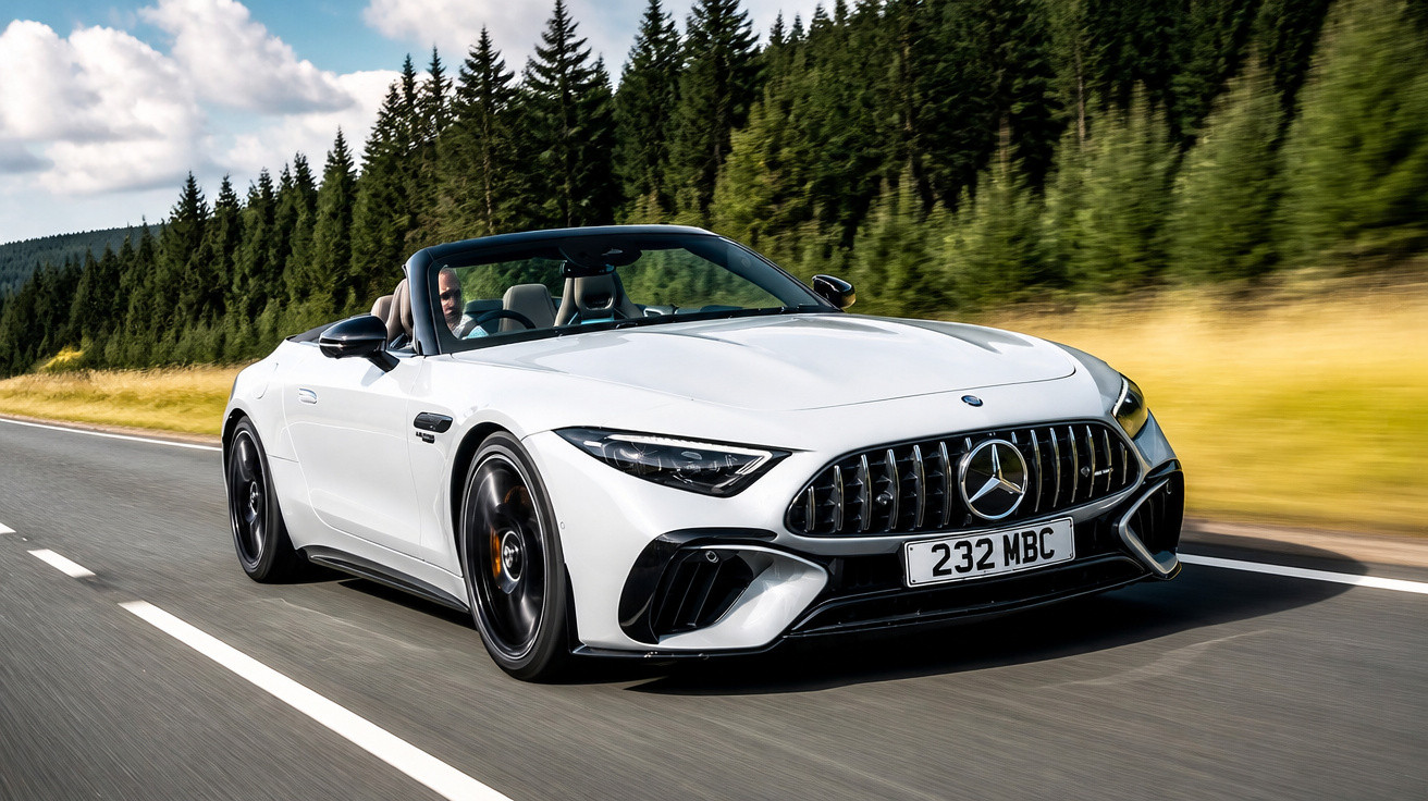 Carro esportivo convertible branco Mercedes-Benz circulando em estrada rodeada por árvores e céu parcialmente nublado.