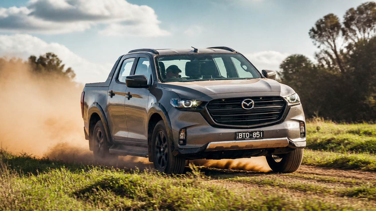 Picape Mazda BT-50 cinza em estrada de terra levantando poeira num dia ensolarado.