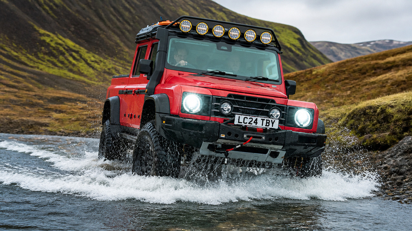 Carro off-road vermelho atravessando riacho com colinas verdes ao fundo em dia nublado.
