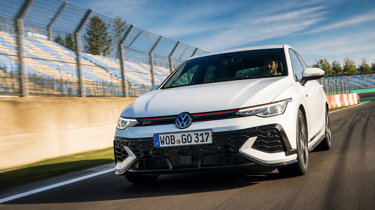 Carro branco Volkswagen Golf GTI em pista de corrida com motorista visível ao volante.