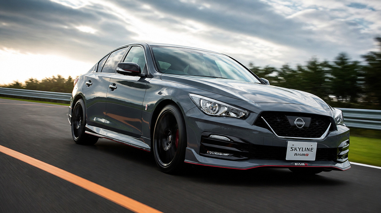 Carro esportivo Nissan Skyline Nismo cinza em movimento em estrada com céu nublado ao fundo.
