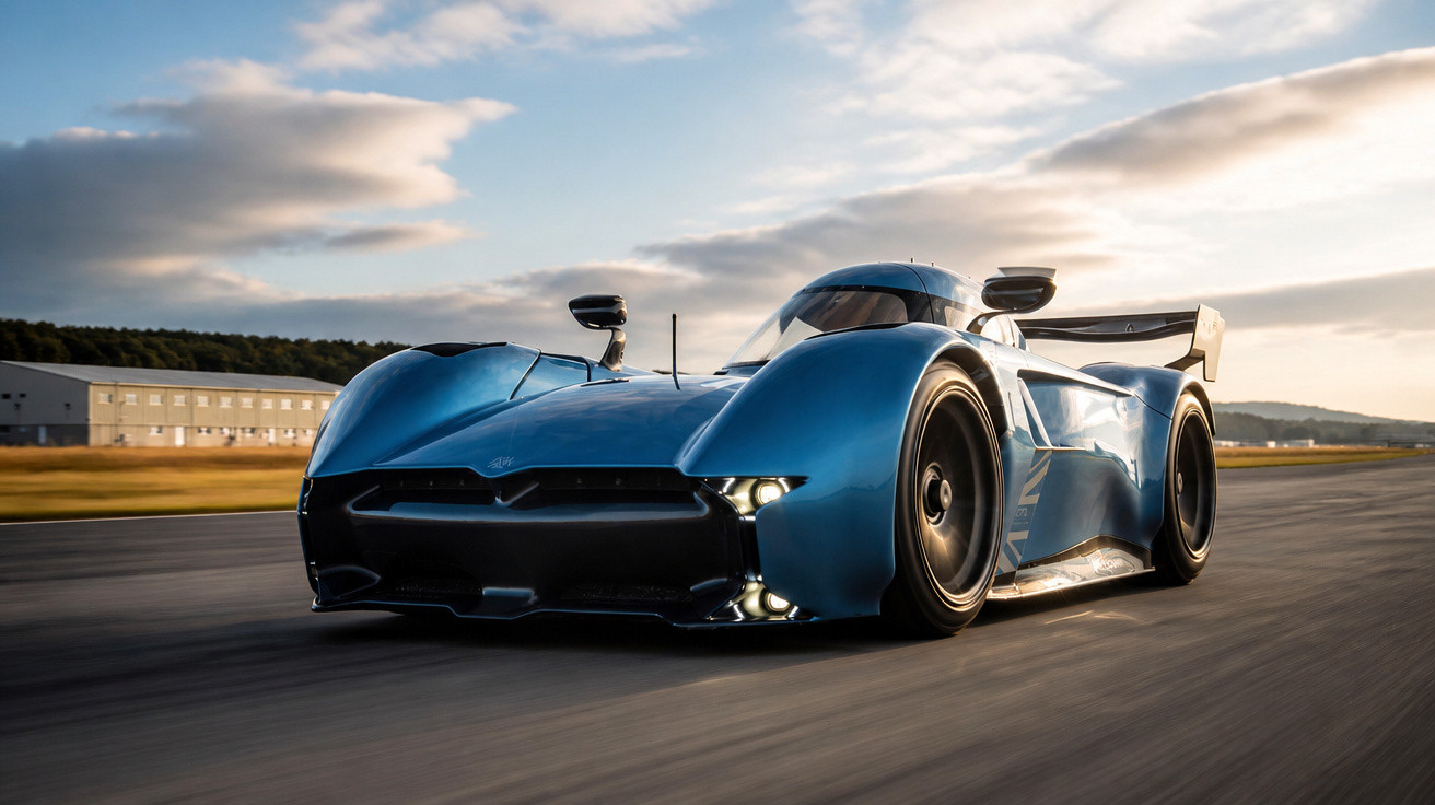 Carro de corrida azul avançado em alta velocidade em pista sob céu nublado ao entardecer.