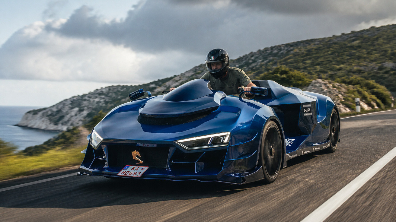 Carro esportivo azul aberto com piloto de capacete dirigindo em estrada costeira com colinas ao fundo.