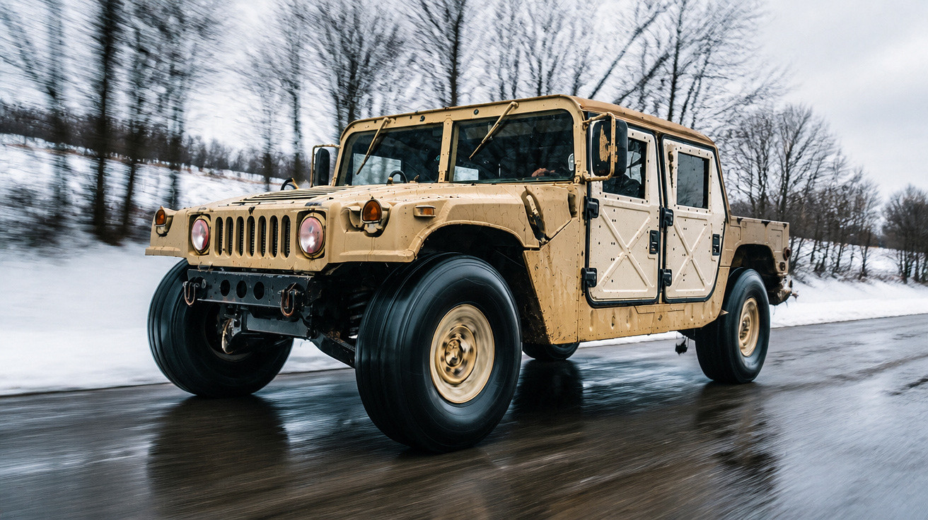 Veículo utilitário militar bege em estrada molhada com árvores e neve ao fundo em movimento.