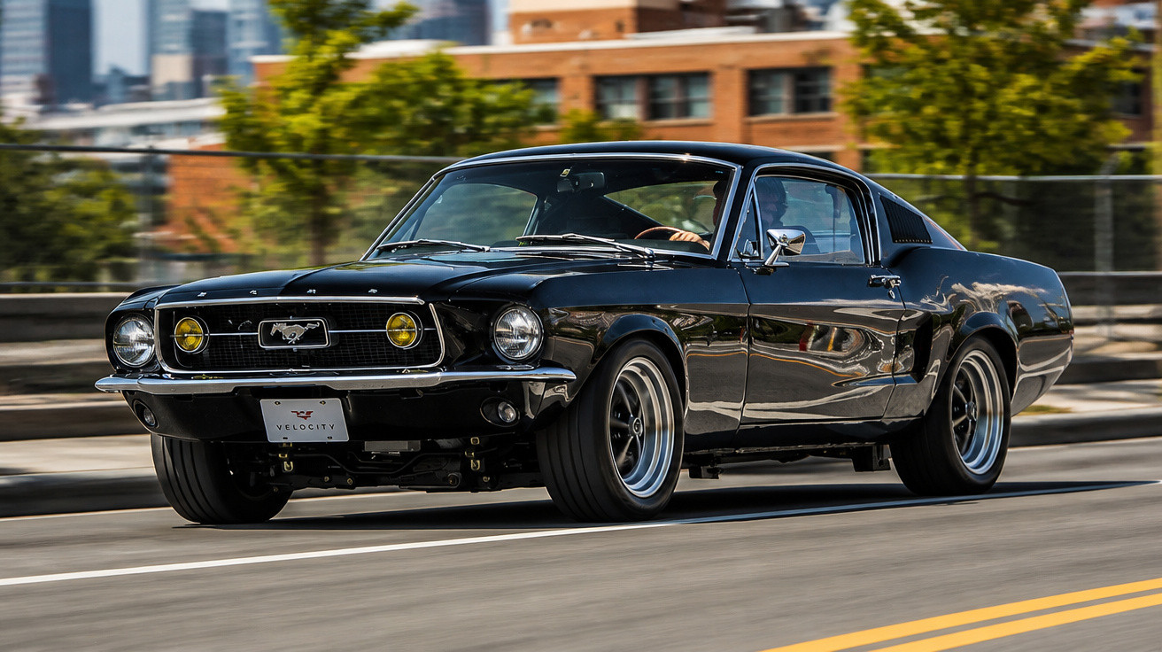 Ford Mustang clássico preto em movimento em uma estrada urbana durante o dia.