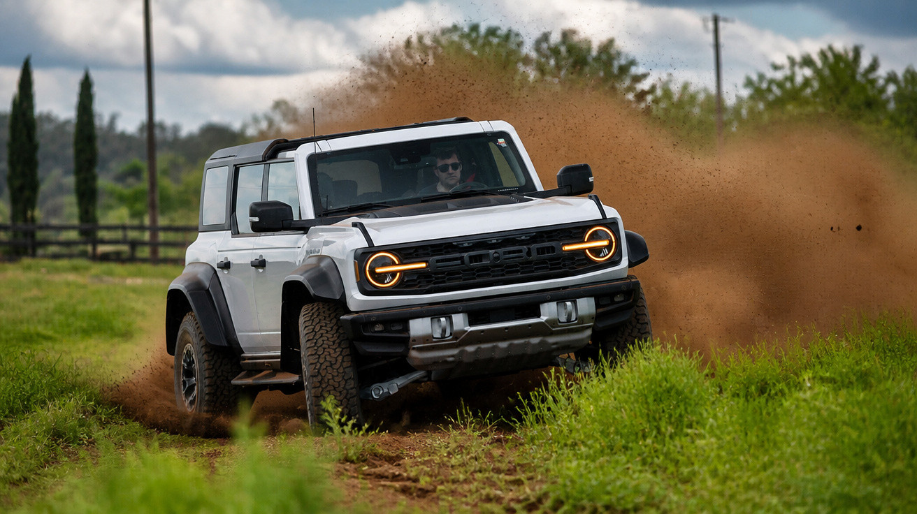 Carro SUV branco em alta velocidade levantando poeira em estrada de terra com vegetação e céu nublado.