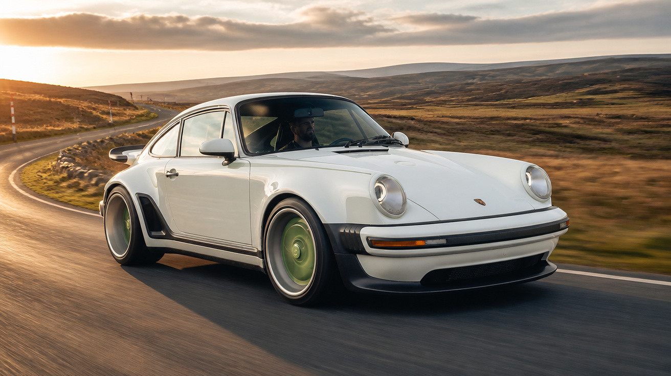 Carro esportivo clássico branco Porsche 911 dirigindo em estrada sinuosa ao pôr do sol.