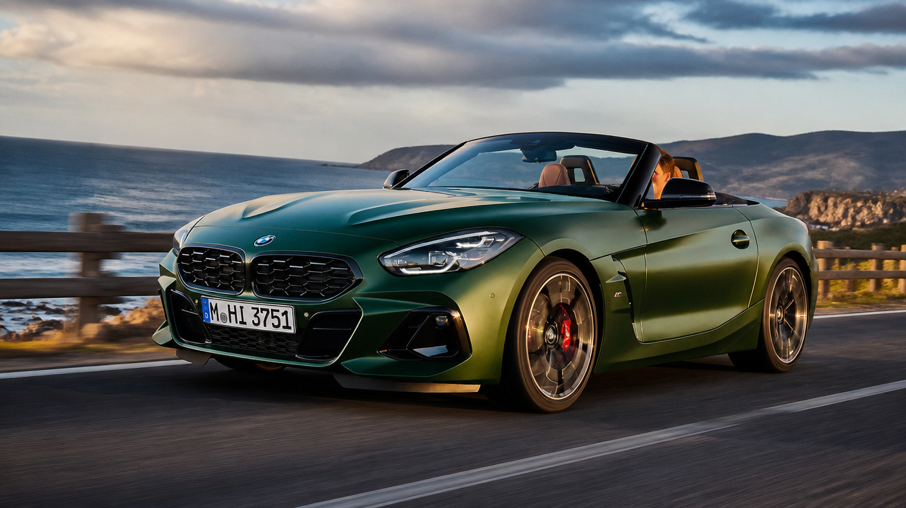 Carro conversível BMW verde em estrada costeira com paisagem marítima ao fundo.