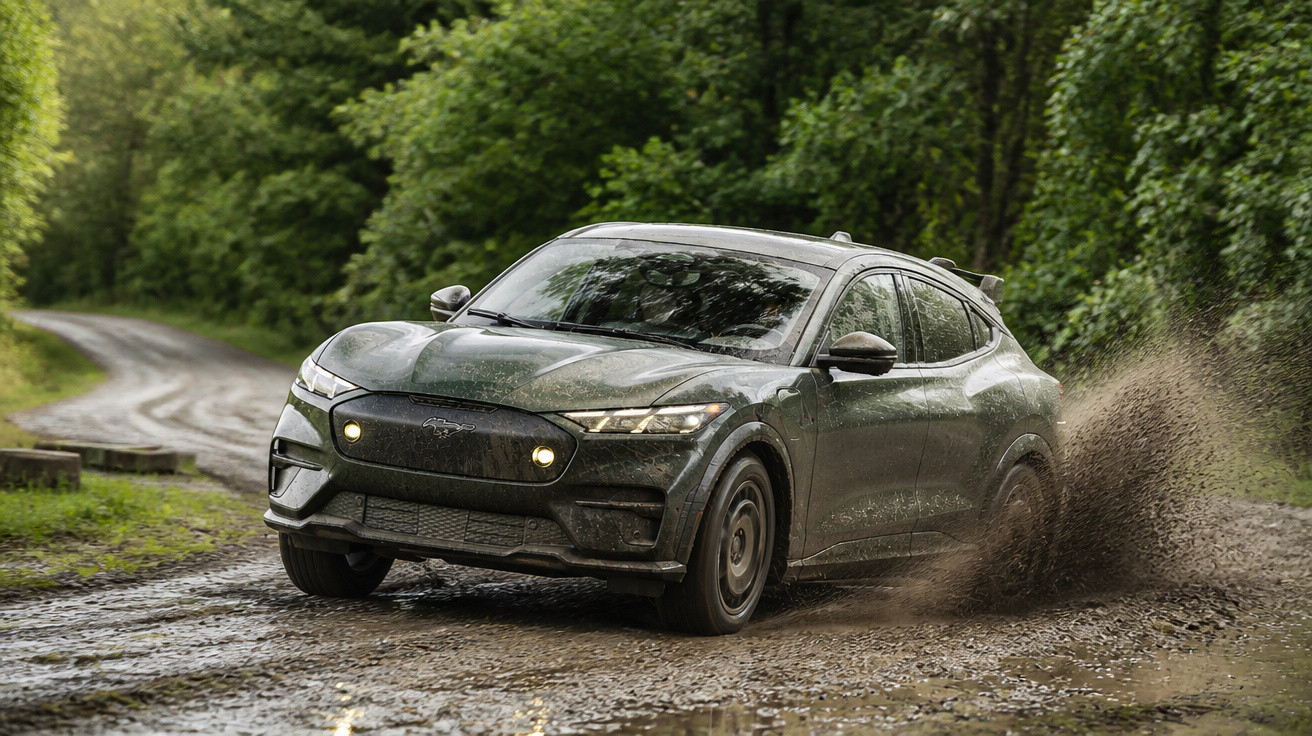 Carro elétrico verde Mustang Mach-E sujo dirigindo em estrada de terra molhada cercada de árvores.