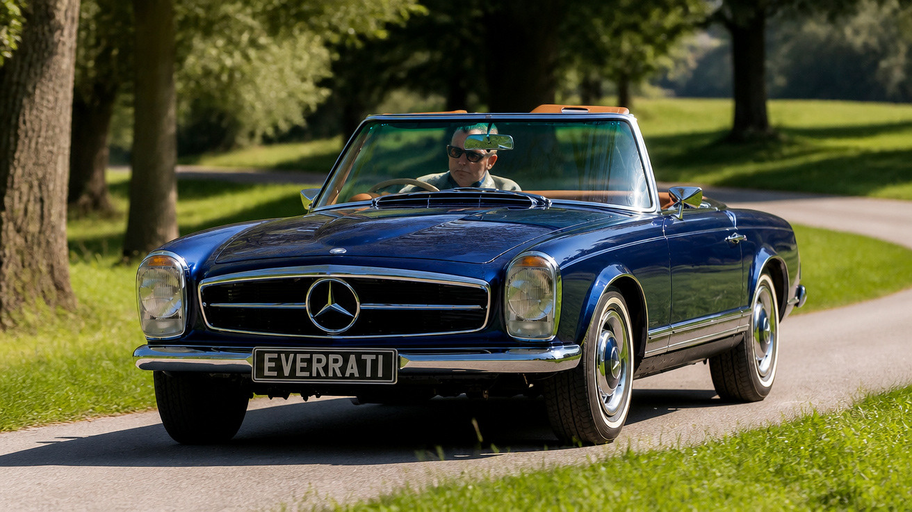 Carro conversível clássico azul Mercedes-Benz dirigido por homem em estrada cercada por gramado e árvores.
