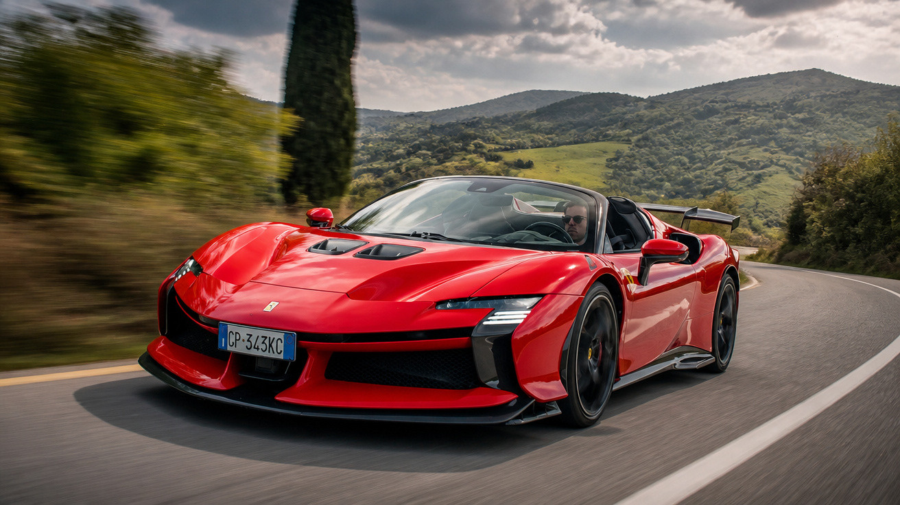 Carro esportivo vermelho Ferrari conversível trafegando em estrada sinuosa com colinas ao fundo.