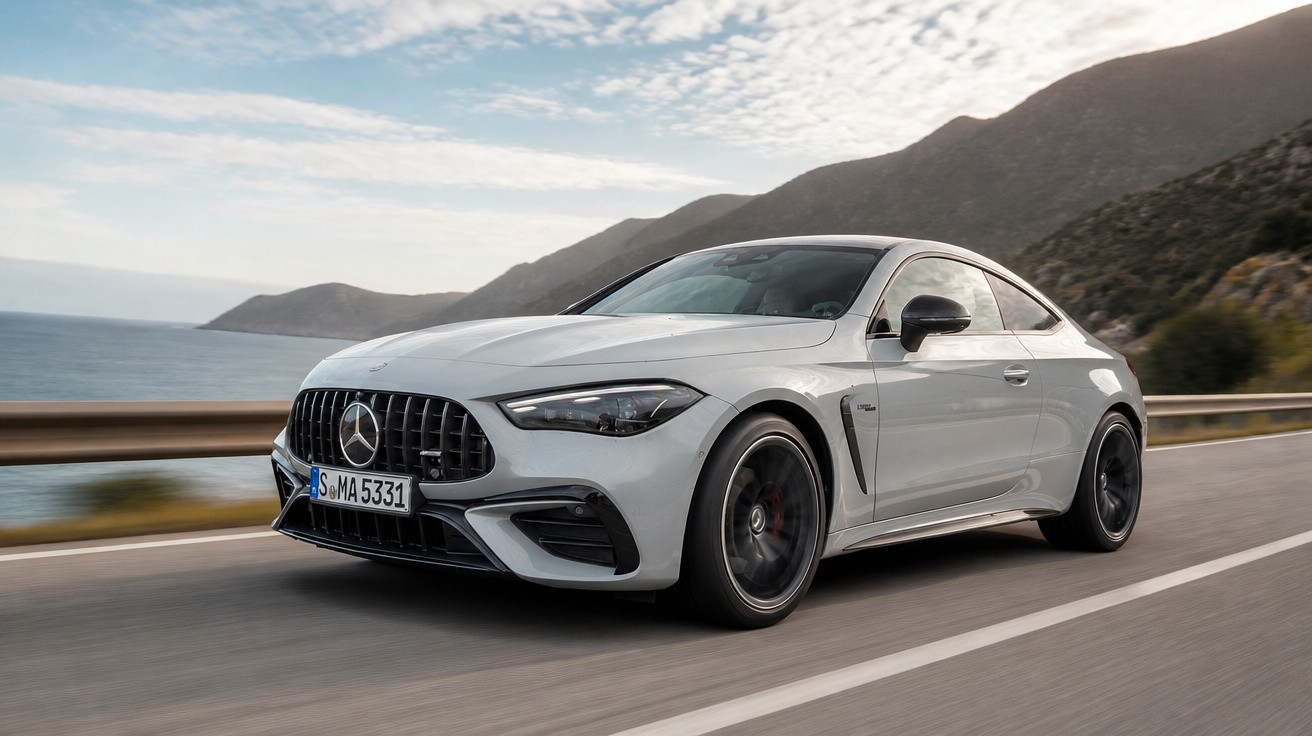 Carro esportivo branco Mercedes-Benz em estrada costeira com montanhas ao fundo em dia nublado.