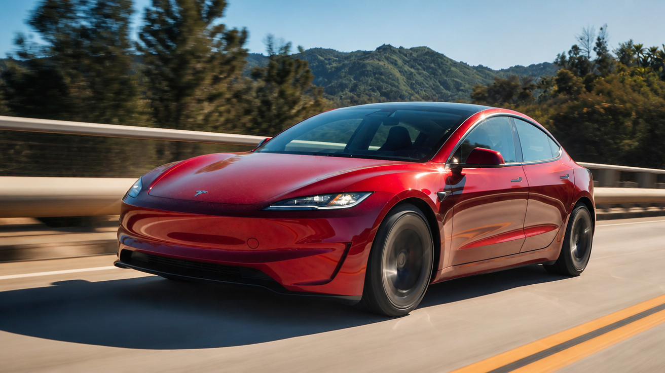Carro elétrico vermelho Tesla Modelo S em movimento em estrada com natureza ao fundo.
