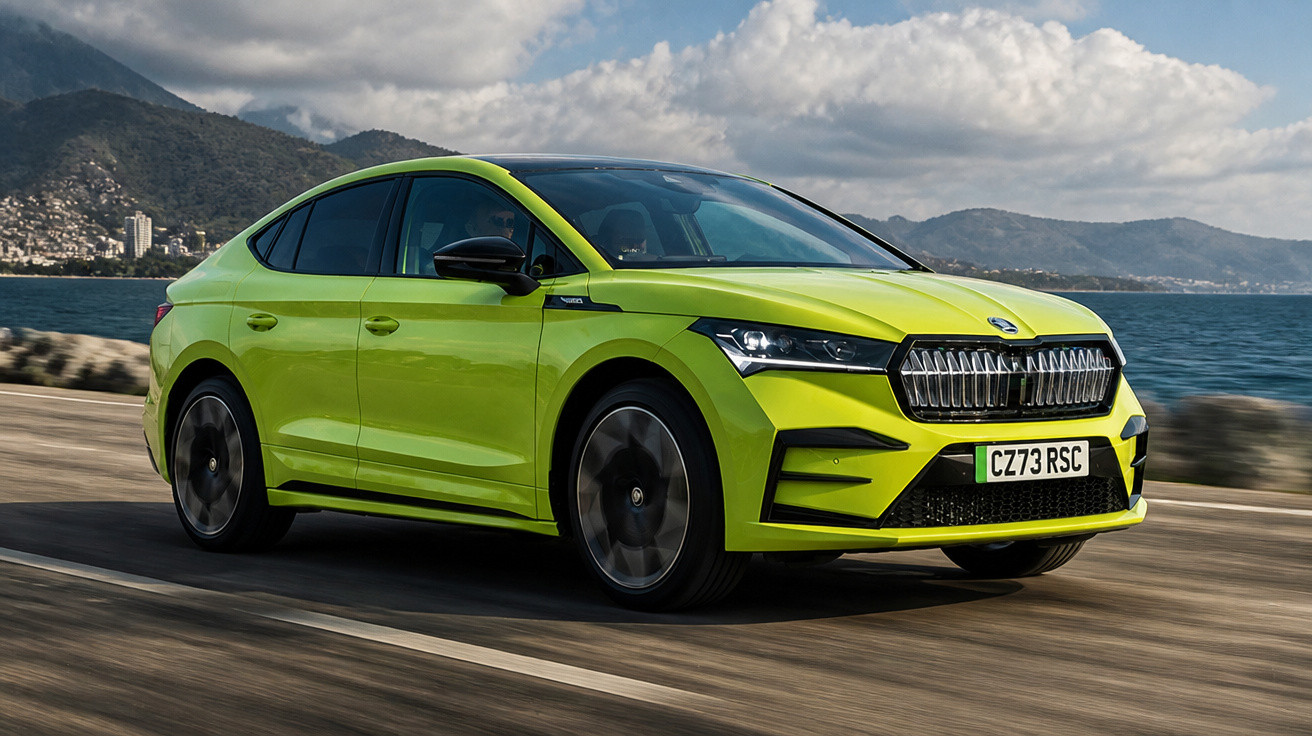Carro elétrico verde limão da Skoda em estrada à beira-mar com montanhas e céu nublado ao fundo.