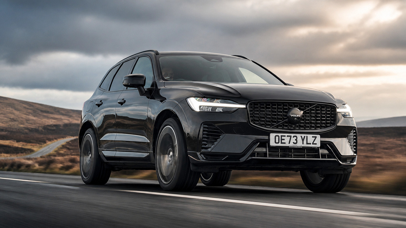 Carro preto modelo SUV Volvo em estrada vazia sob céu nublado em área rural.