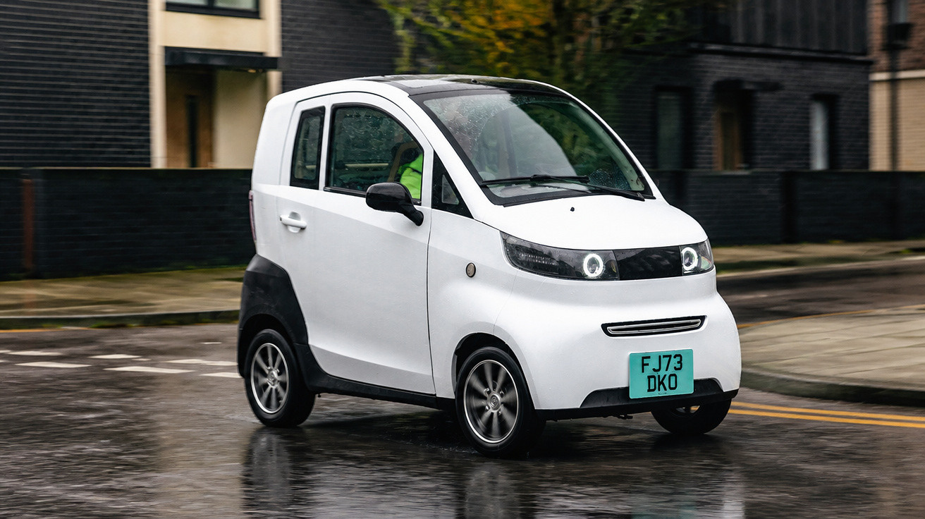 Carro elétrico compacto branco circulando em rua molhada com prédios ao fundo.