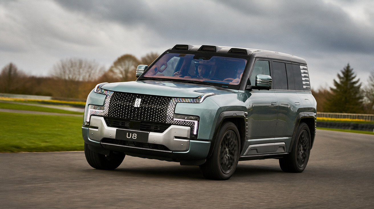 SUV elétrico Aiways U8 cinza em movimento em estrada com céu nublado e árvores ao fundo.