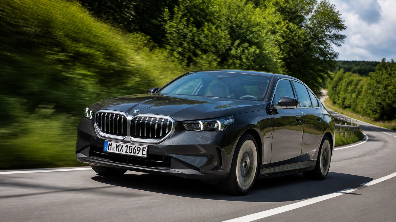 Carro BMW cinza escuro em movimento em estrada sinuosa cercada por árvores verdes em dia claro.