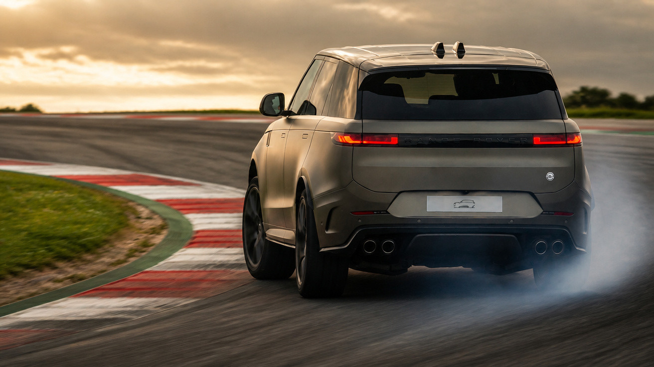 Carro SUV cinza em alta velocidade fazendo curva em pista de corrida com fumaça saindo dos pneus.