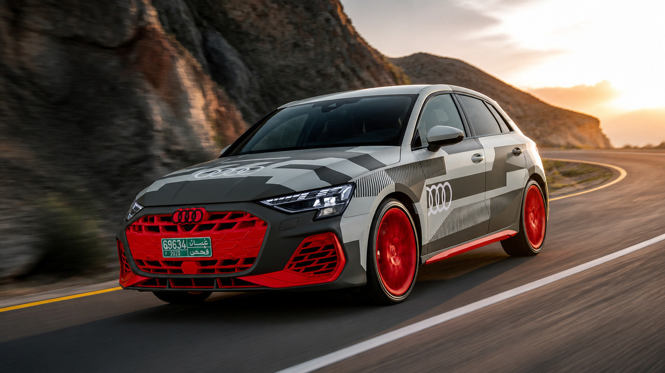 Carro Audi cinza com detalhes vermelhos e rodas vermelhas em estrada curva com montanha ao fundo.