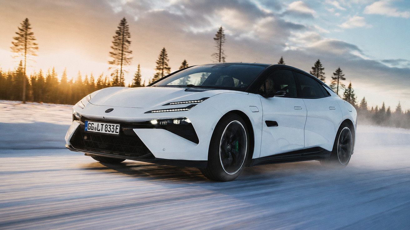 Carro elétrico branco em alta velocidade em estrada coberta de neve ao pôr do sol com árvores ao fundo.