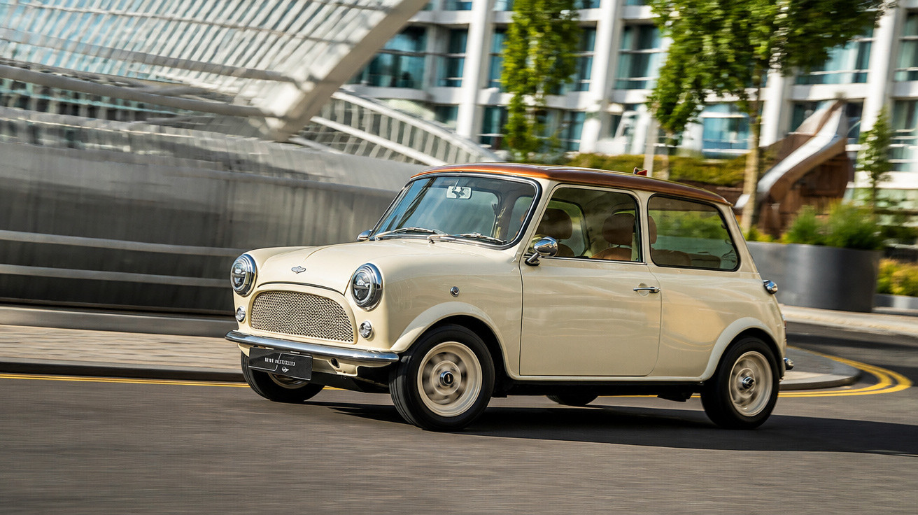 Carro clássico Mini Cooper bege com teto marrom circulando em rua urbana moderna.