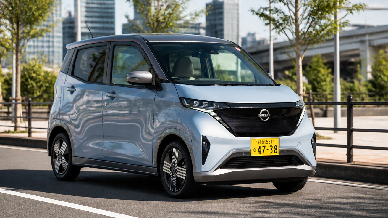 Carro compacto elétrico Nissan prata estacionado em rua urbana com prédios ao fundo.