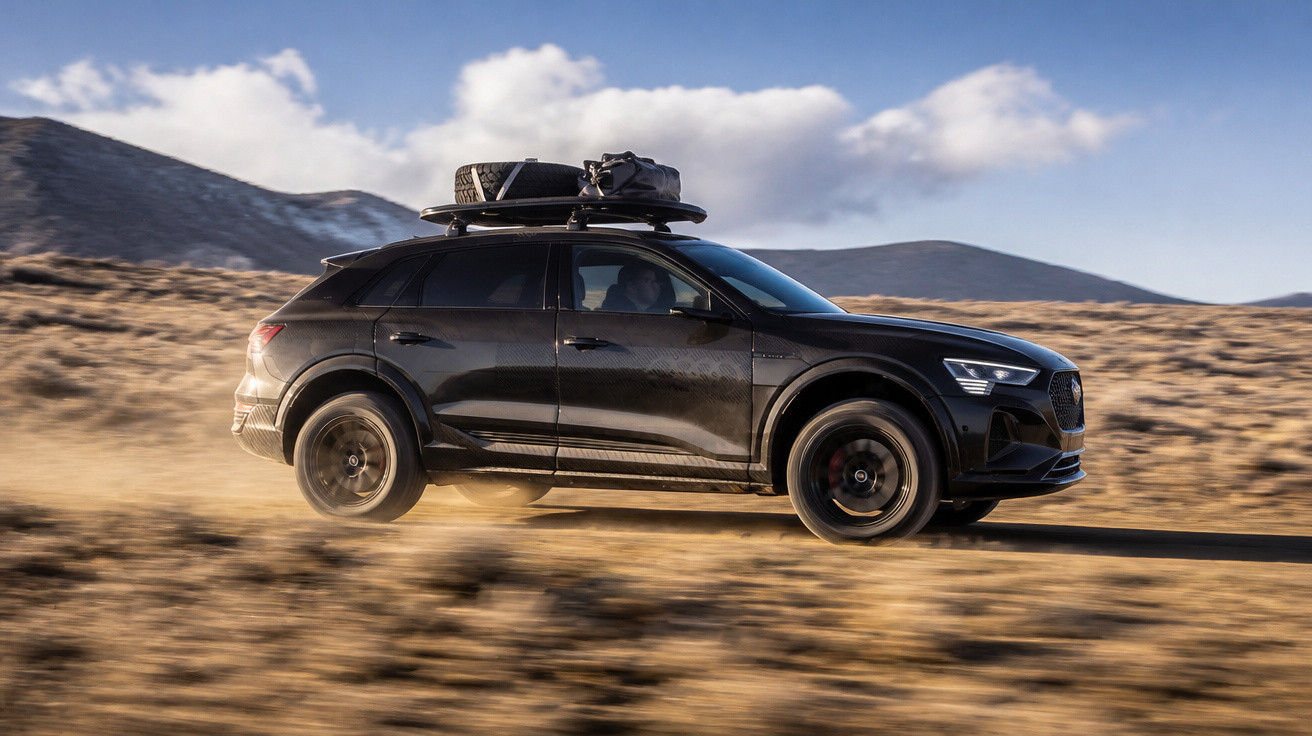 Carro SUV preto com bagagem no teto em movimento em estrada de terra com paisagem árida ao fundo.