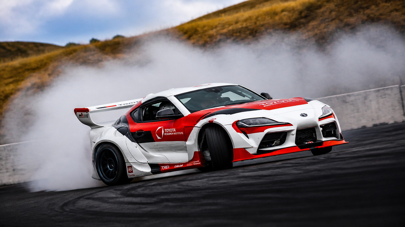 Carro esportivo Toyota Supra em derrapagem, produzindo fumaça no asfalto em pista de corrida.