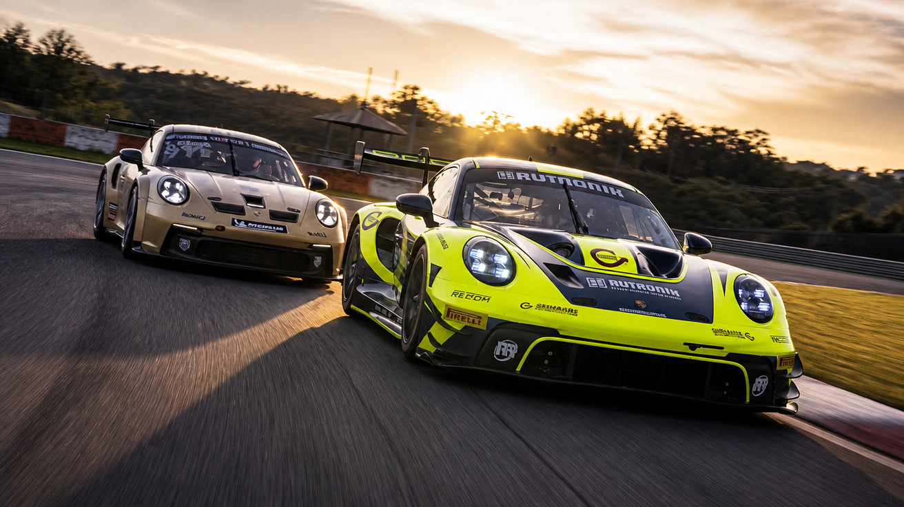 Dois carros de corrida Porsche em alta velocidade em uma pista ao pôr do sol.