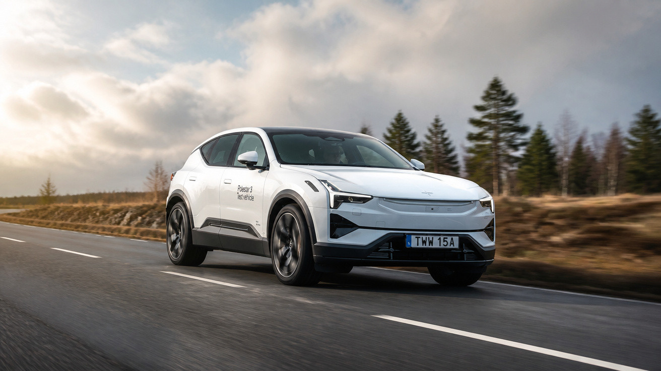 Carro elétrico Polestar 3 branco em movimento em estrada com árvores e céu nublado ao fundo.