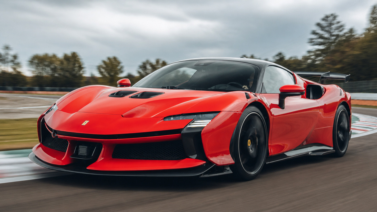 Carro esportivo vermelho Ferrari em alta velocidade em pista de corrida com árvores ao fundo.