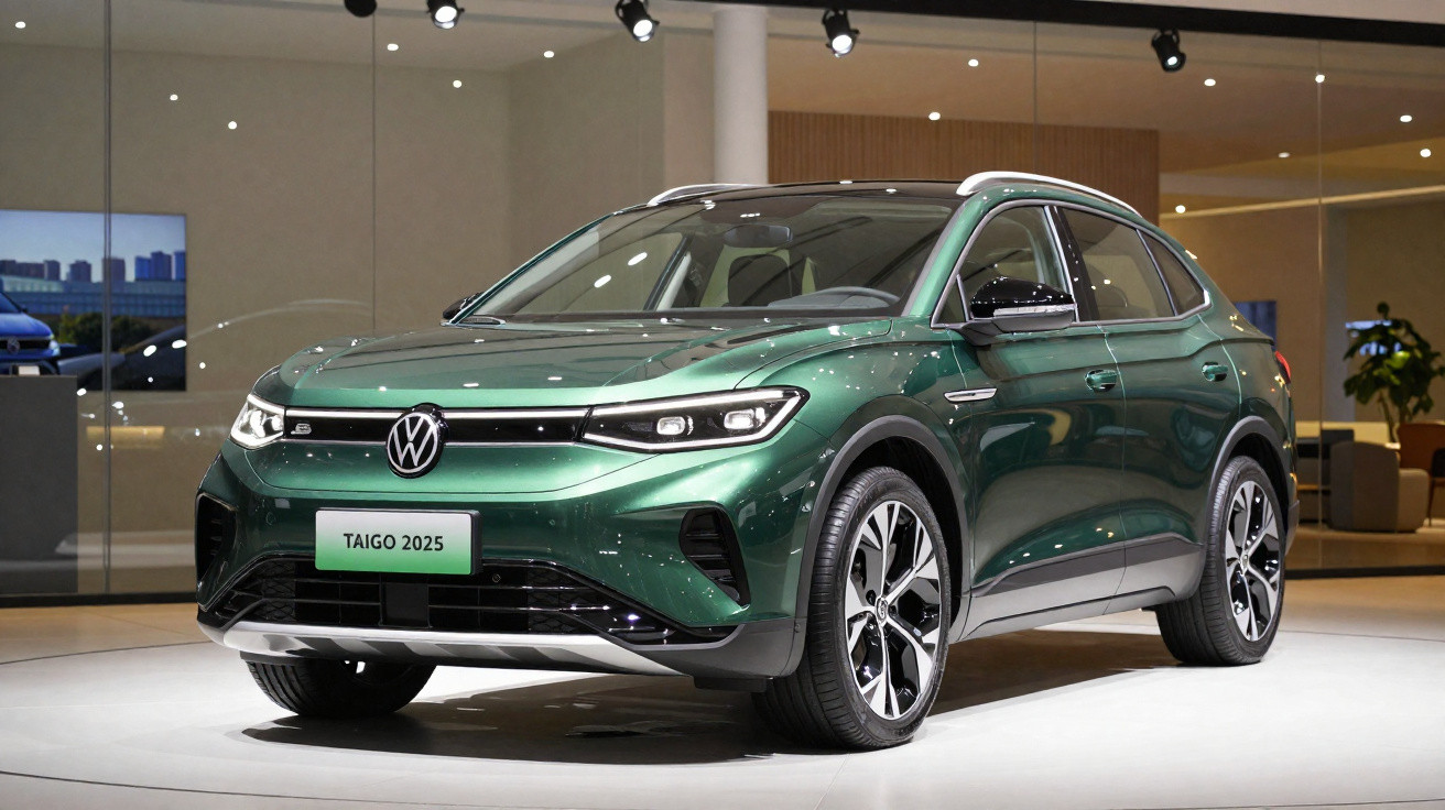 Carro SUV Volkswagen Taigo 2025 verde exposto em salão automotivo com iluminação focada.