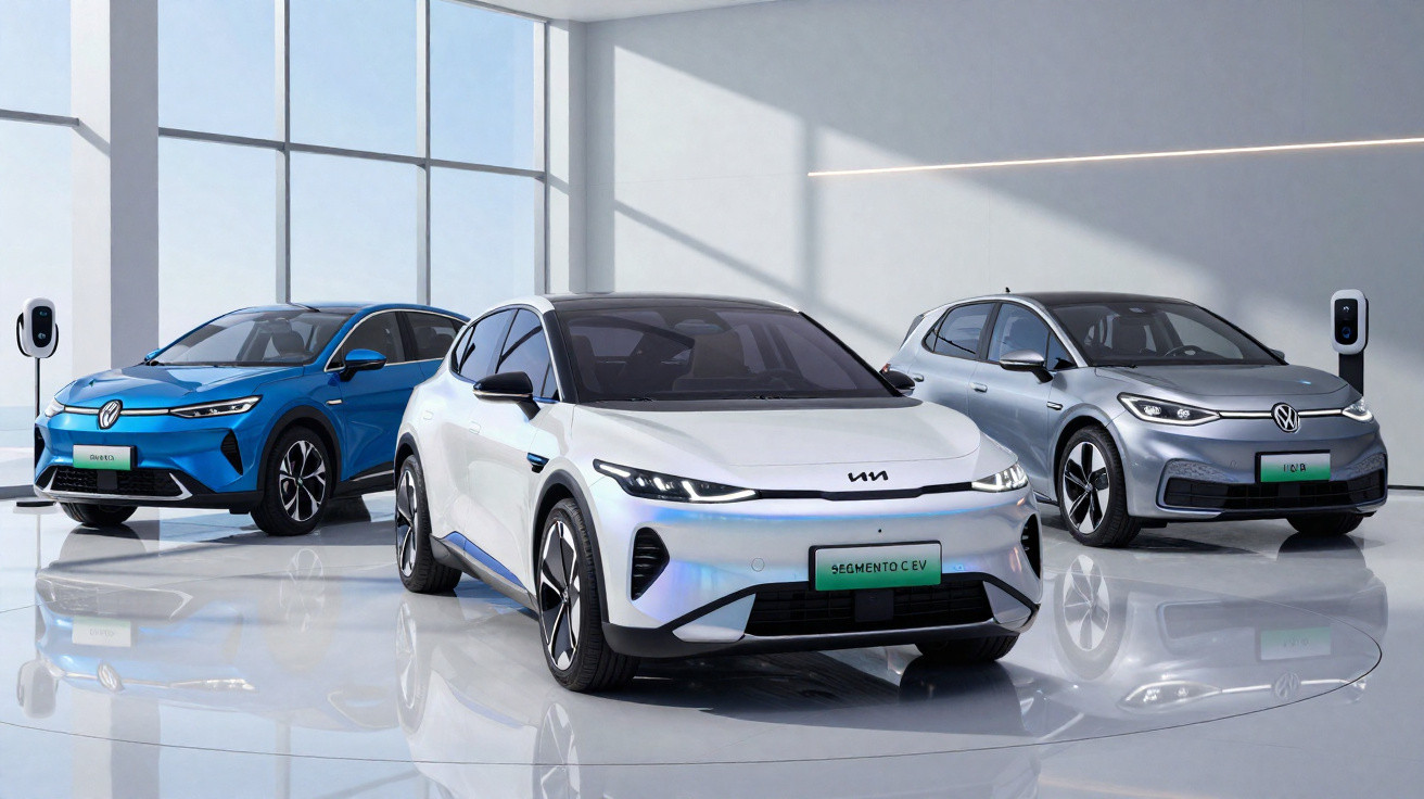 Três carros elétricos Volkswagen em cores branca, azul e cinza em ambiente moderno com carregadores elétricos.