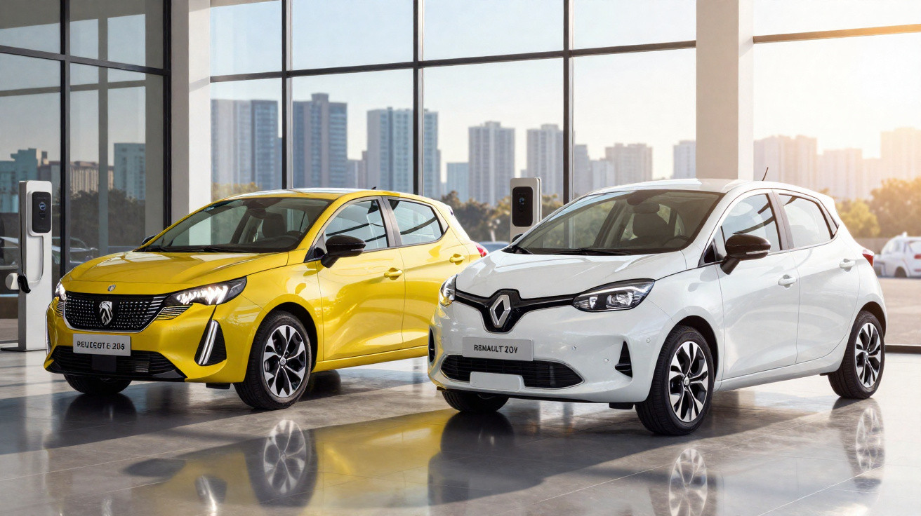 Dois carros elétricos compactos, um amarelo Peugeot e-208 e um branco Renault Zoe, estacionados em showroom moderno.