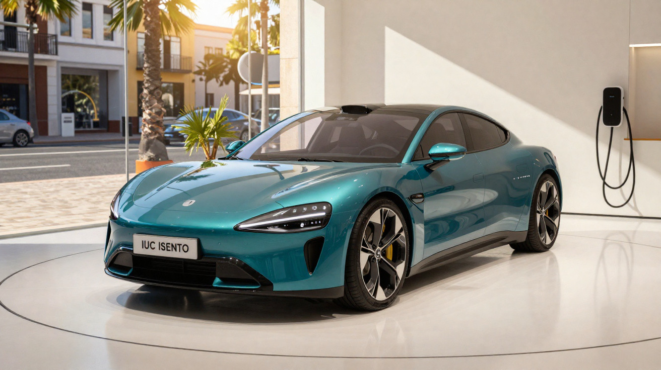 Carro esportivo elétrico azul em exposição, com carregador elétrico na parede ao fundo, em ambiente iluminado.