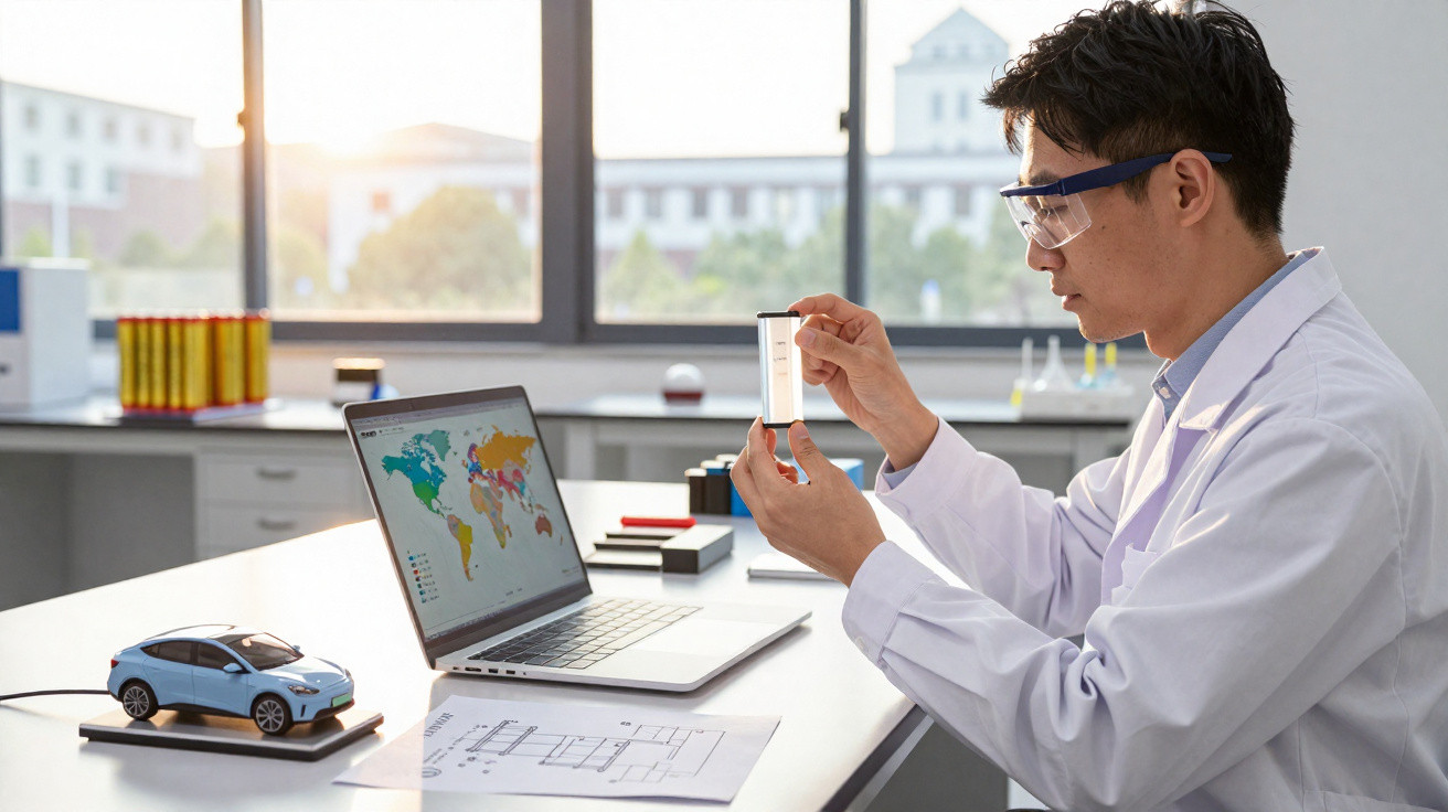 Cientista com jaleco e óculos de proteção analisa amostra em frente a laptop em laboratório iluminado.