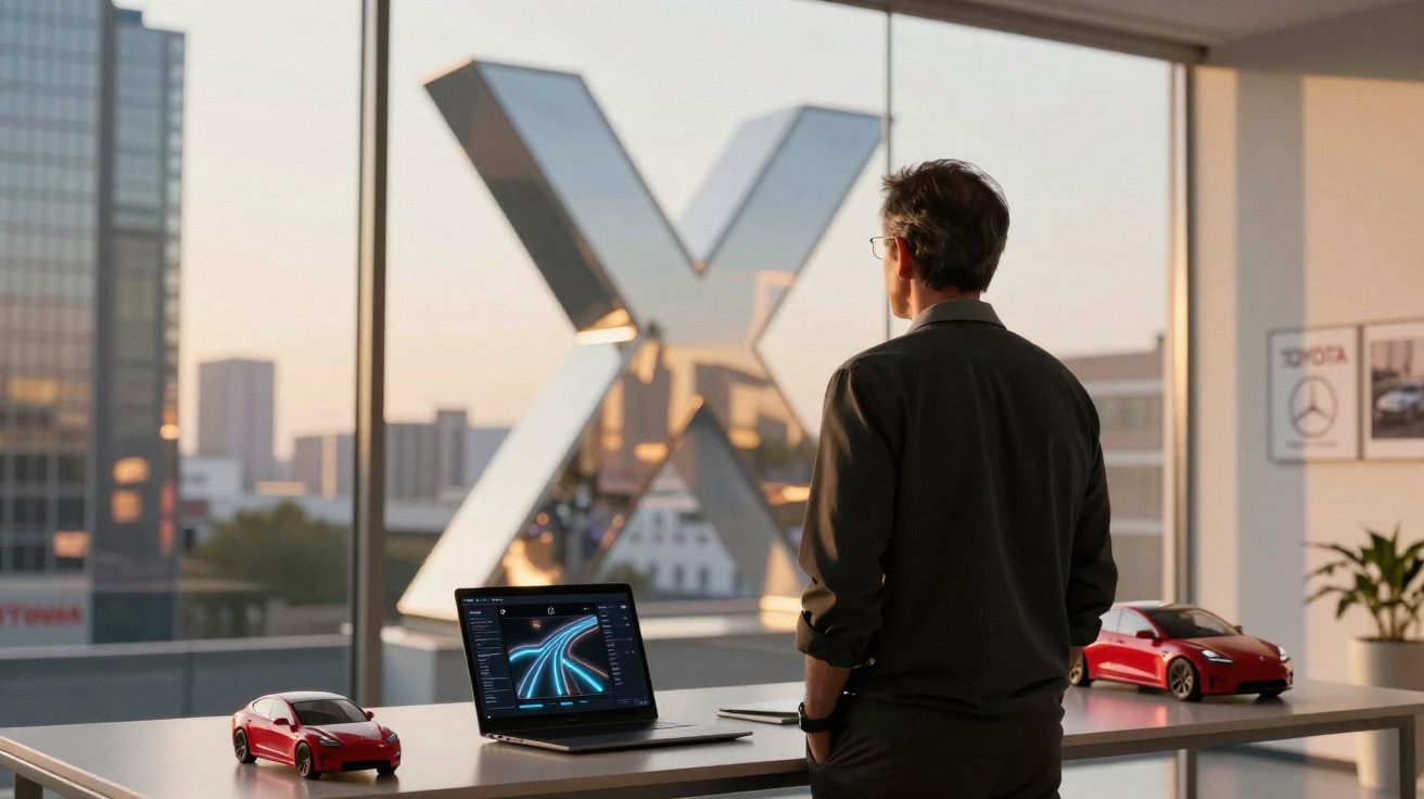 Homem de costas observa cidade através de janela, com laptop e miniaturas de carros sobre mesa.