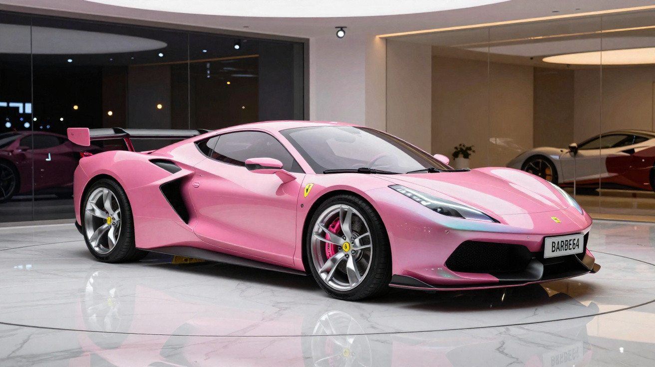Carro esportivo Ferrari rosa com para-choque preto em showroom moderno com piso brilhante.