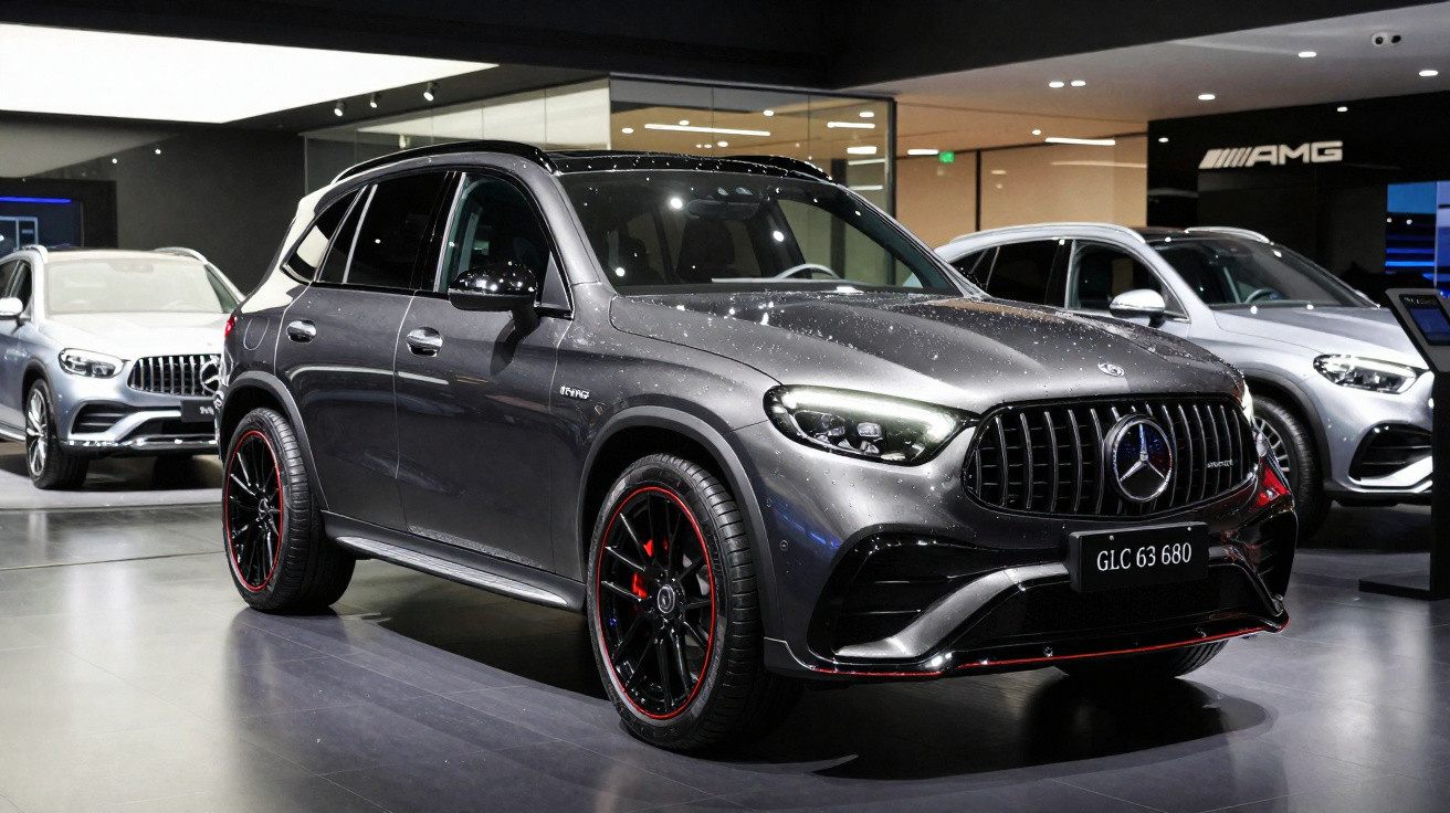 SUV Mercedes-Benz GLC 63 680 cinza com rodas pretas e detalhes vermelhos em exposição interna.