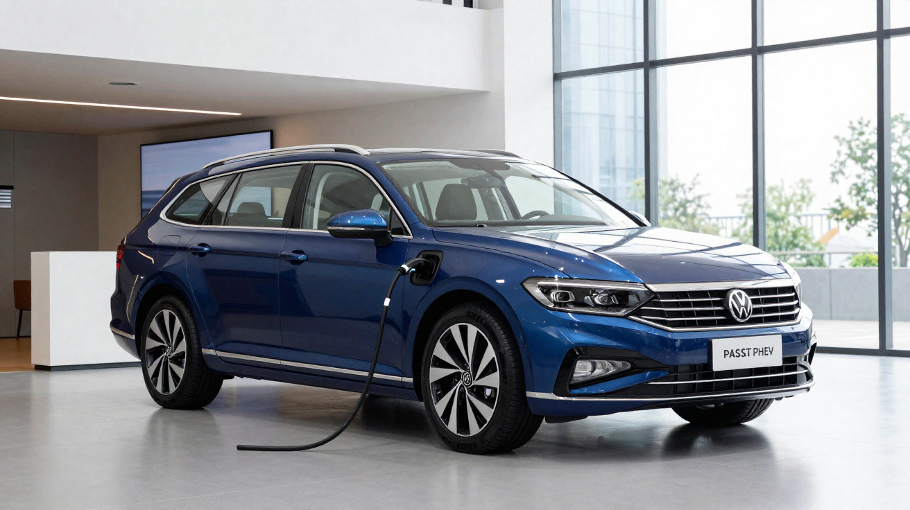 Carro elétrico Volkswagen Passat PHEV azul carregando em ambiente interno moderno e iluminado.