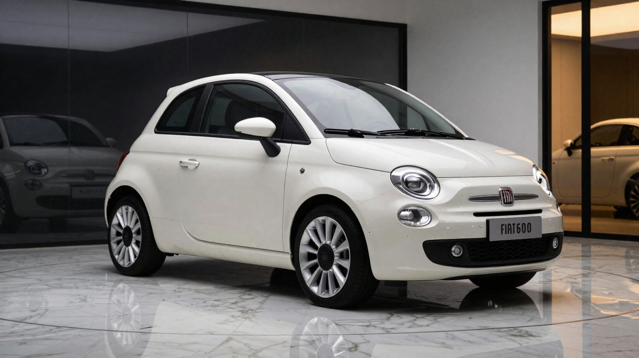 Fiat 600 branco estacionado em piso de mármore dentro de showroom moderno.