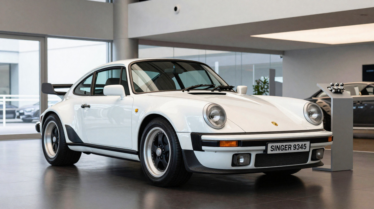 Carro esportivo clássico branco Porsche 911 estacionado em ambiente interno moderno.
