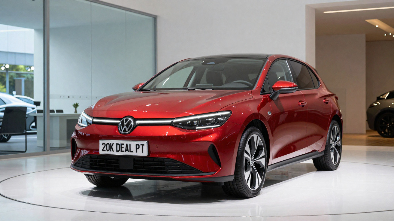 Carro hatchback vermelho Volkswagen elétrico exposto em sala de showroom moderna com iluminação branca.