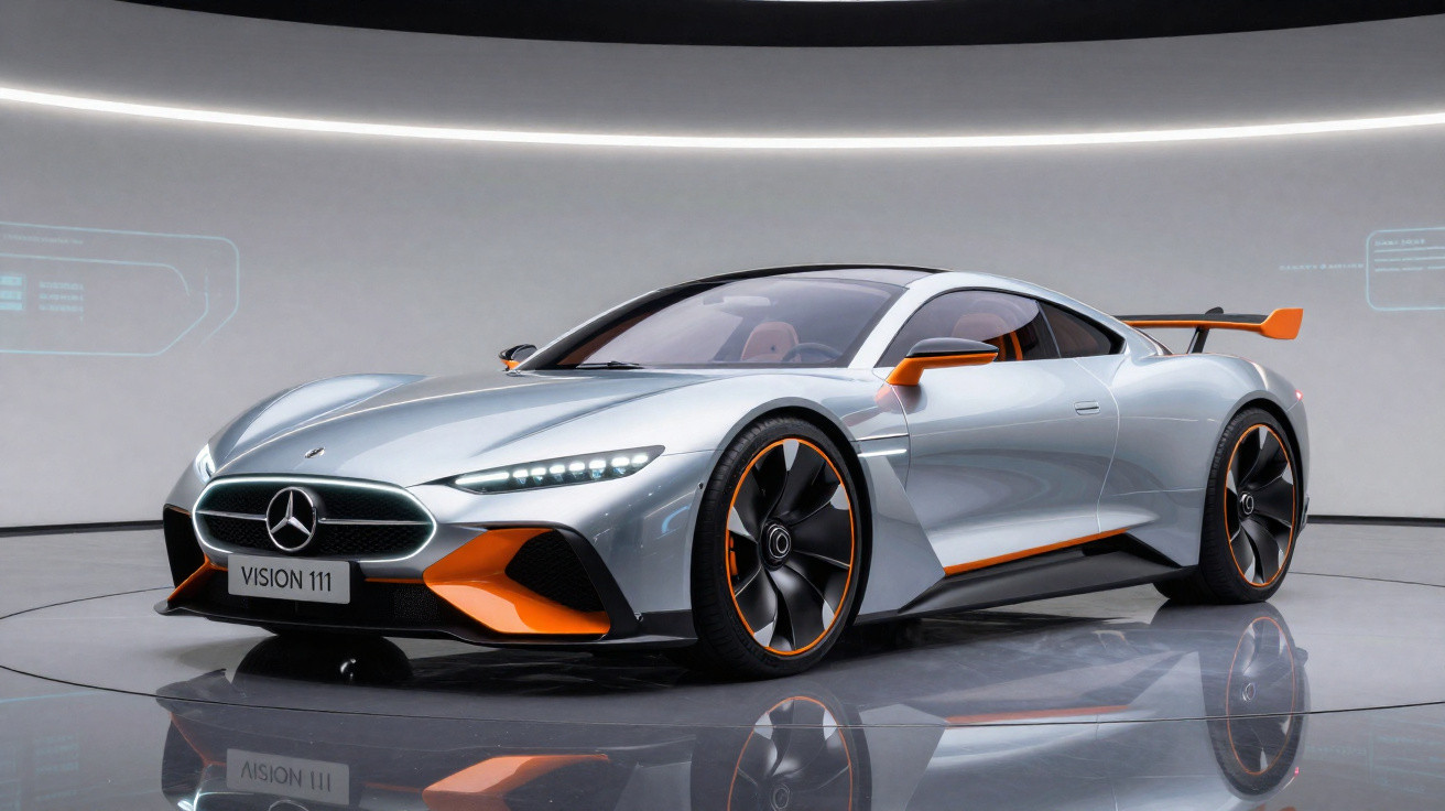 Carro esportivo conceito Mercedes-Benz Vision 111 prata com detalhes em laranja exibido em estande futurista.